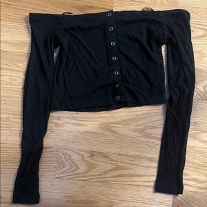 Garage Black Off-Shoulder Ribbed Snap-Front Crop Top